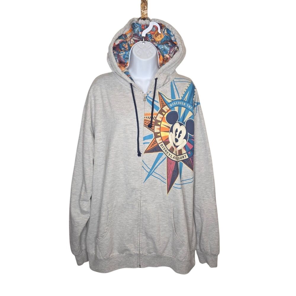 Disney Parks Hoodie Mens 2XL Grey Full Zip Mickey Mouse Compass Sleeve Spellout